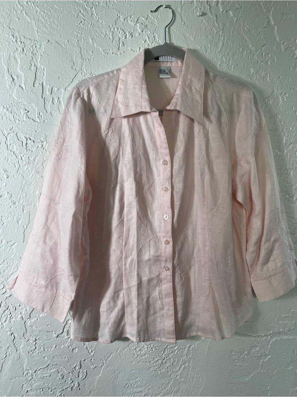 Carole Little Pink Linen Embroidered Button Up Blouse XL‎